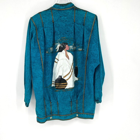 Vtg Sundance Jacket Womens M Painted Native Western Art To Wear Blue Denim Boho - Picture 1 of 10